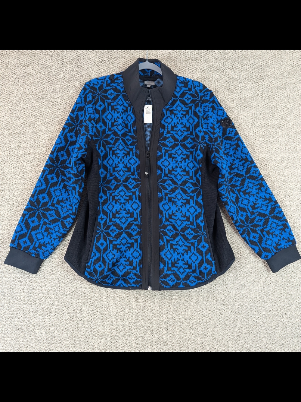 T by Talbots Cozy Fleeceback Jacket Snowflake Size Large Blue Black Full Zip